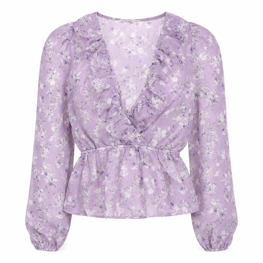 Stradivarius Women Purple Floral Wrap Blouse Size 8 V-Neck Long Sleeve