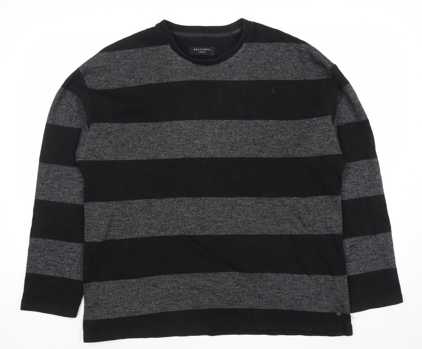 AllSaints Men’s Black Grey Striped Cotton Jumper Size M