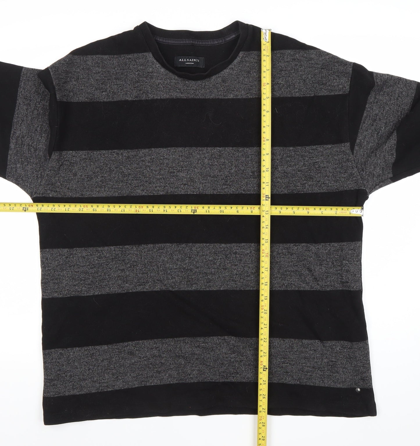 AllSaints Men’s Black Grey Striped Cotton Jumper Size M
