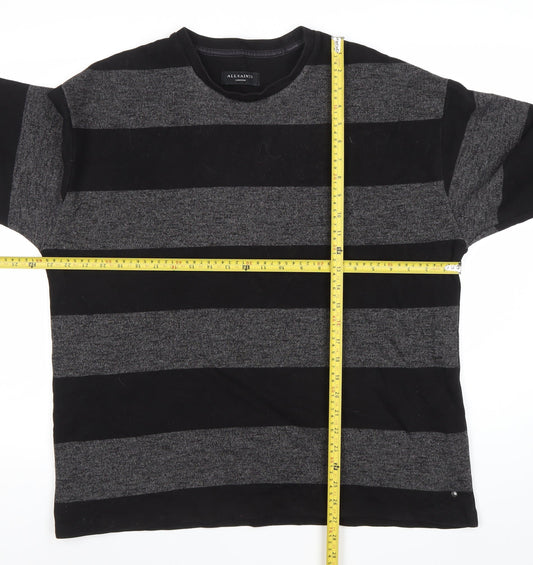 AllSaints Men’s Black Grey Striped Cotton Jumper Size M