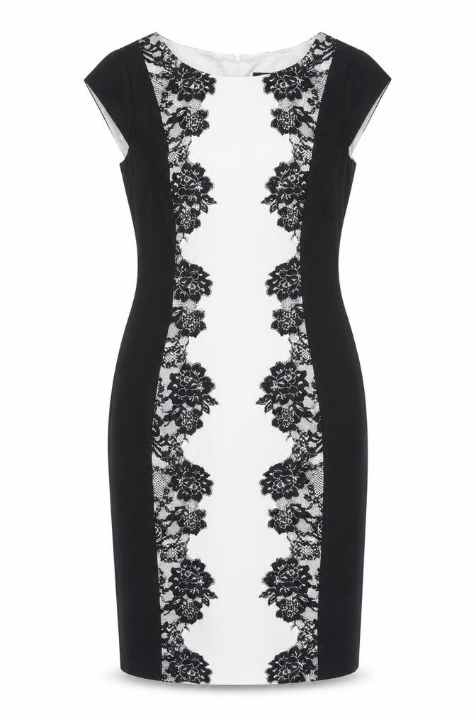 Front view of Papaya Women’s Black White Lace Sheath Dress, size UK 12, Knee Length