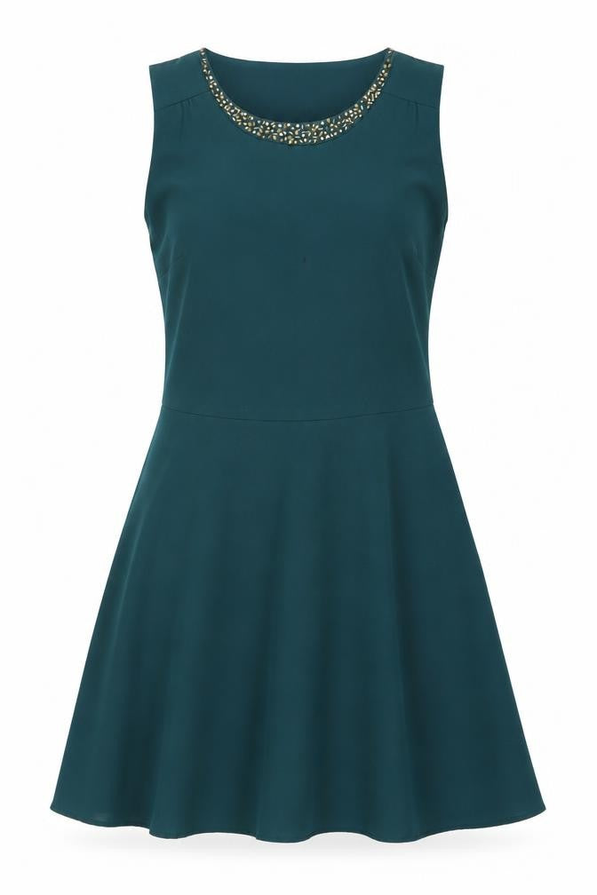 Oasis Women’s Green Skater Dress Size 10 Beaded Sleeveless
