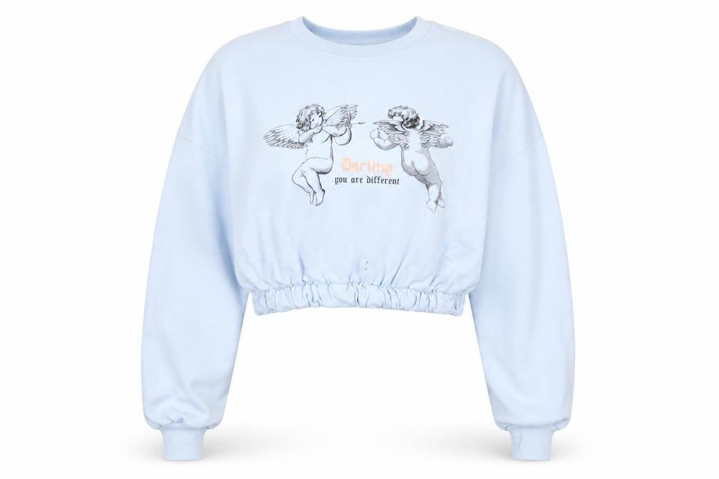 Bershka Womens Blue Crop Sweatshirt M Cupid Print Pullover