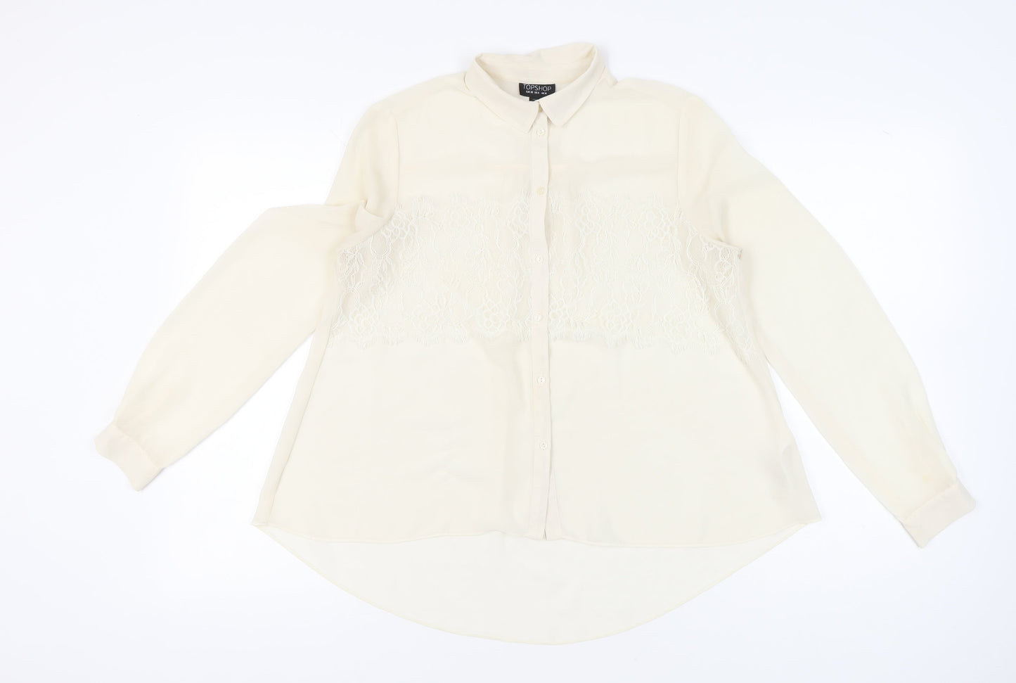 Topshop Women Ivory Lace Panel Long Sleeve Collared Blouse Size 10