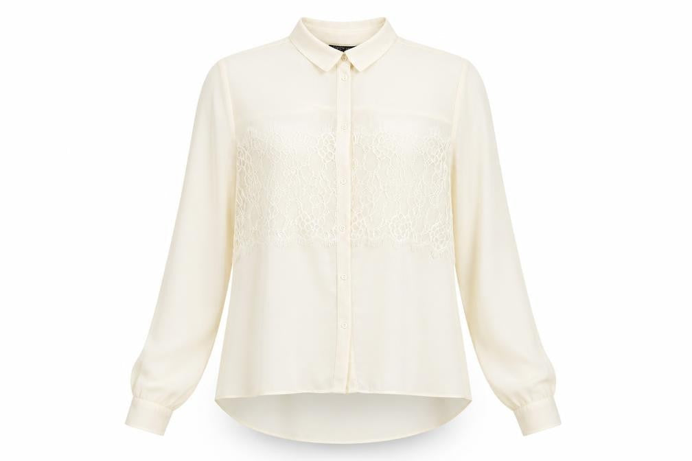 Topshop Women Ivory Lace Panel Long Sleeve Collared Blouse Size 10