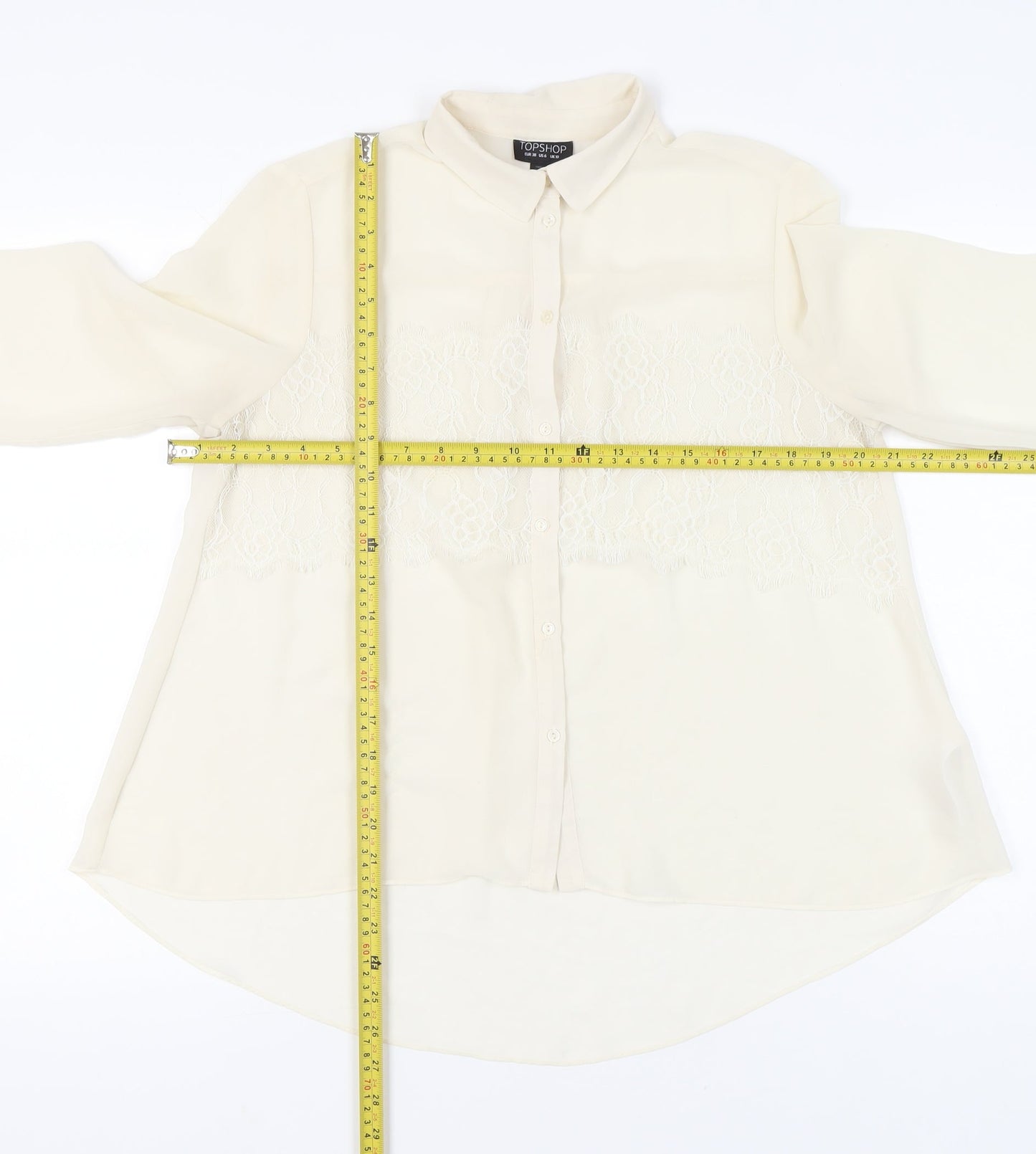 Topshop Women Ivory Lace Panel Long Sleeve Collared Blouse Size 10