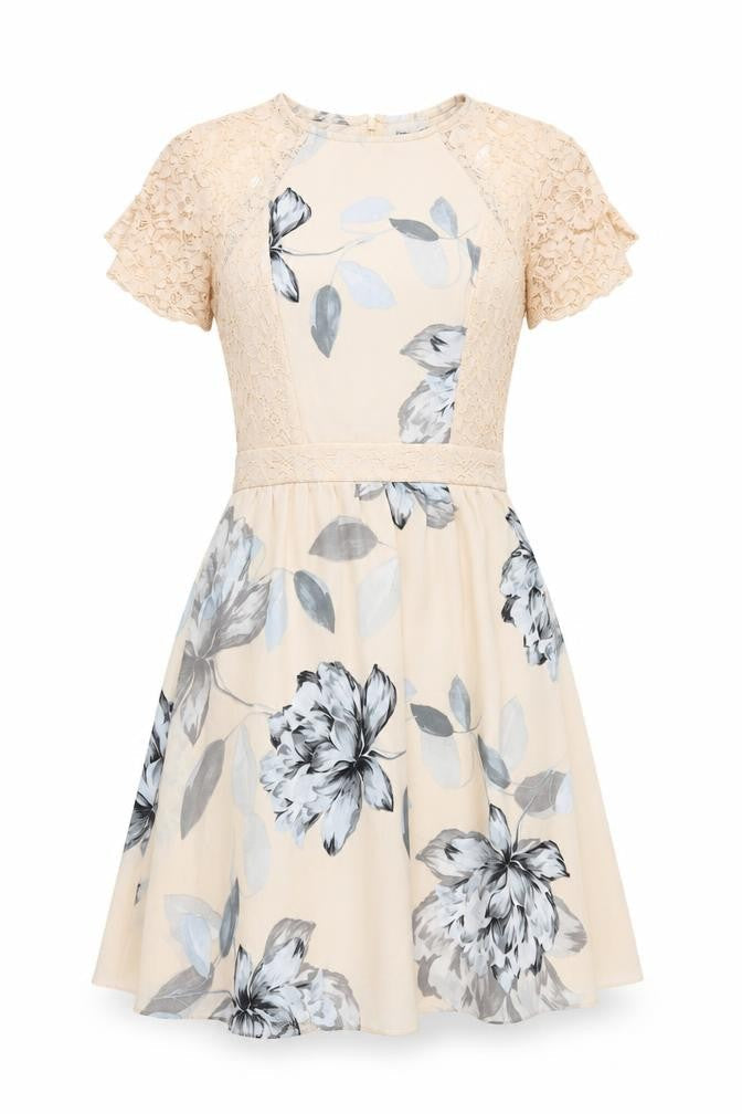 Front view of ASOS Women’s Beige Floral Lace Fit & Flare Dress UK 10