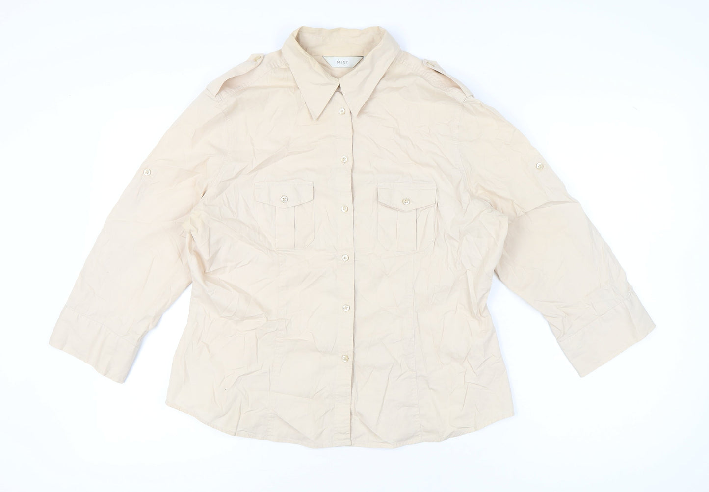 Next Women Beige Size 18 Button-Up Cotton Shirt 3/4 Sleeve