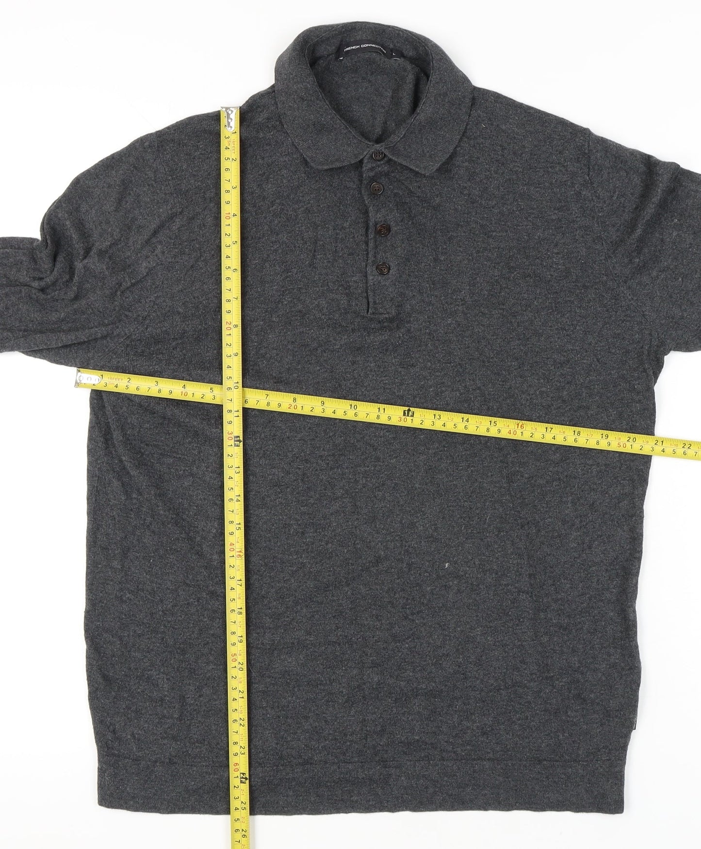 French Connection Men's Grey Cotton Wool Collared Henley Jumper L