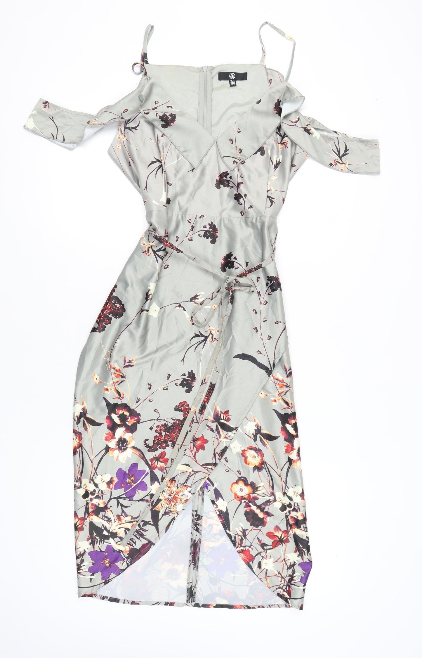 Missguided Women Grey Floral Midi Wrap Dress Size 14 V-Neck Cold Shoulder