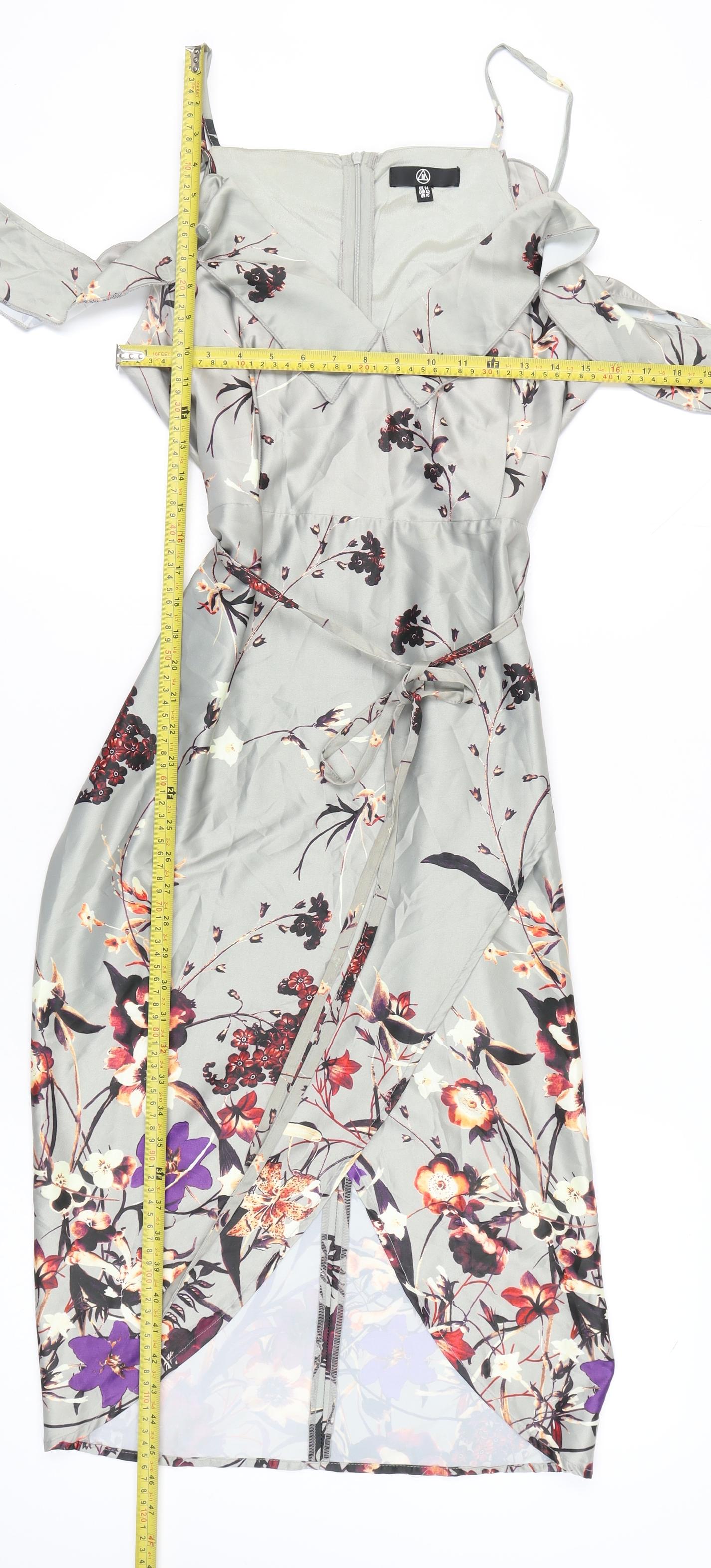 Missguided Women Grey Floral Midi Wrap Dress Size 14 V-Neck Cold Shoulder