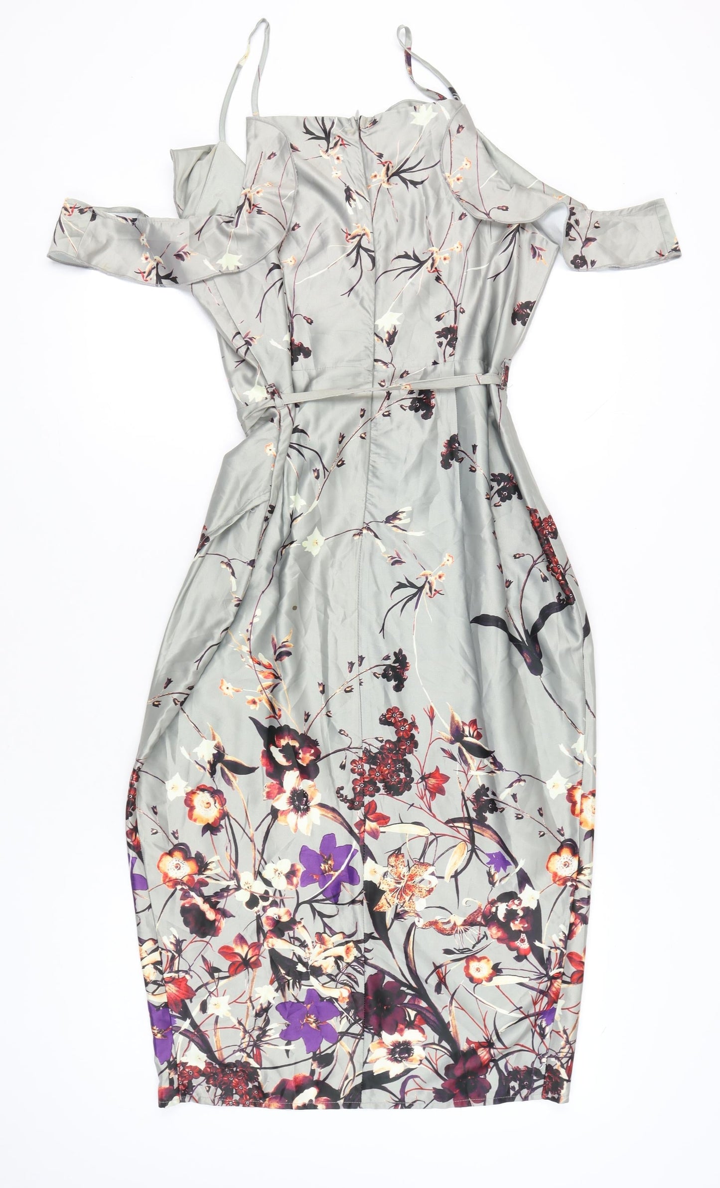 Missguided Women Grey Floral Midi Wrap Dress Size 14 V-Neck Cold Shoulder