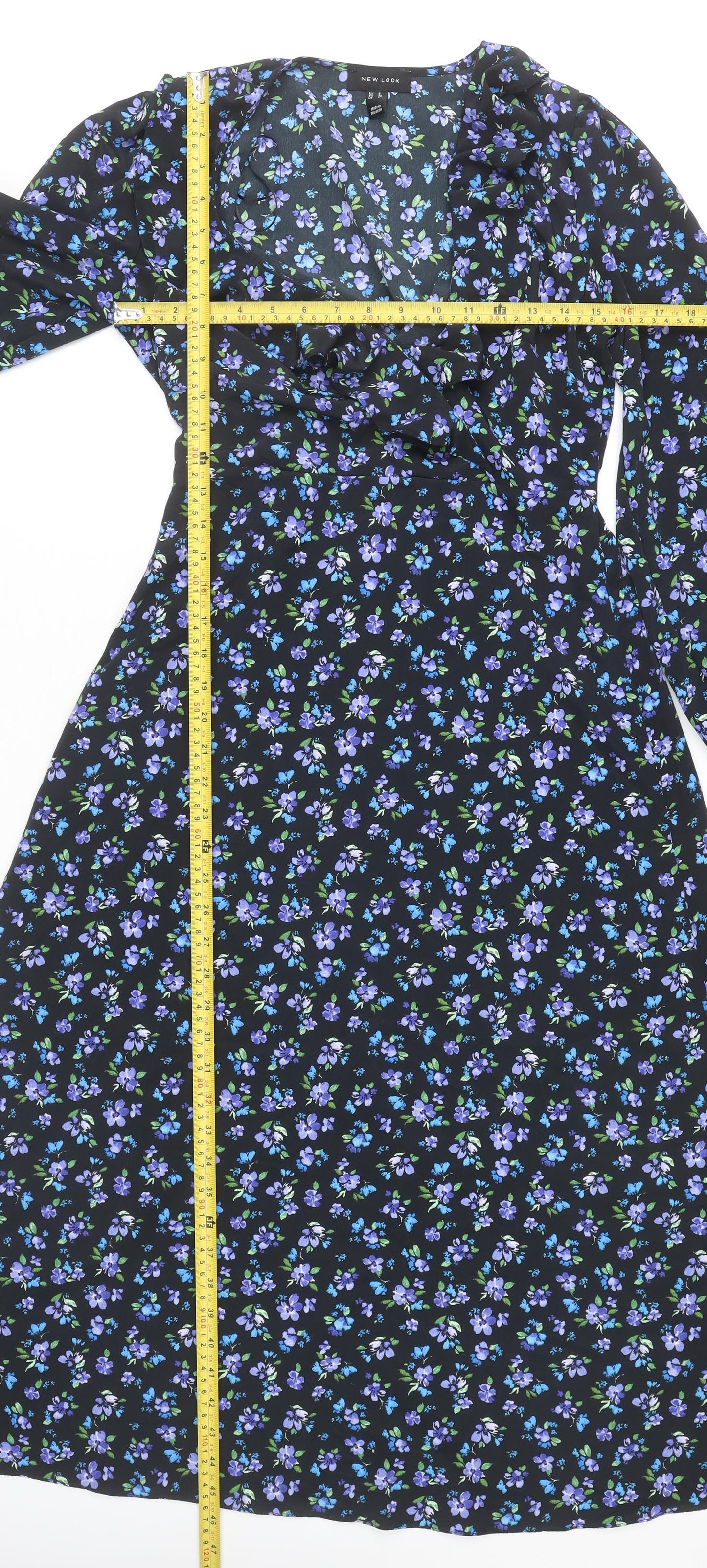 New Look Womens Black Floral Midi A-Line Dress UK 8 Long Sleeve