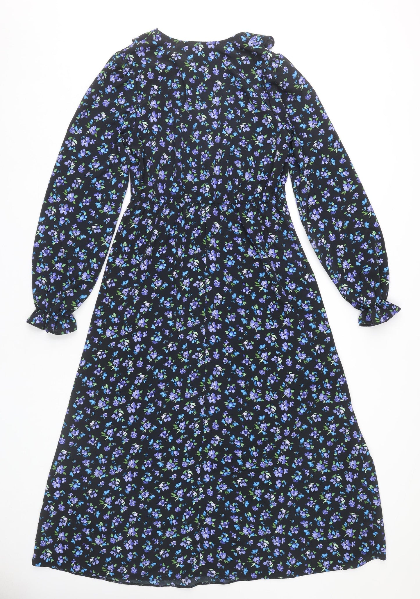 New Look Womens Black Floral Midi A-Line Dress UK 8 Long Sleeve
