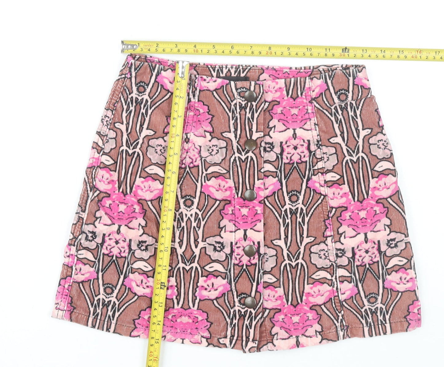 Topshop Women’s Brown Pink Floral Corduroy A-Line Skirt Size 8