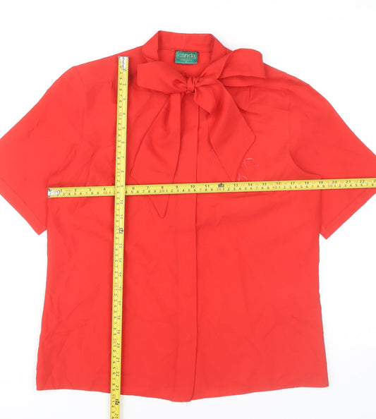 Canda Womens Red Short Sleeve Bow Neck Blouse Size 12 Polyester Classic