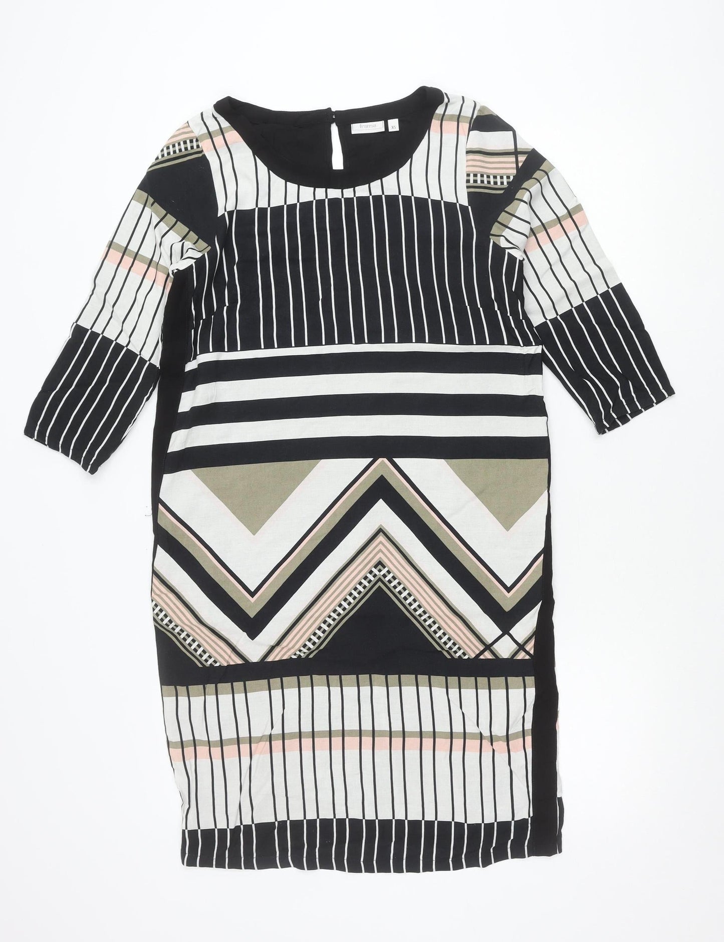 Fransa Womens XS Black White Shift Dress Geometric Print 3/4 Sleeve