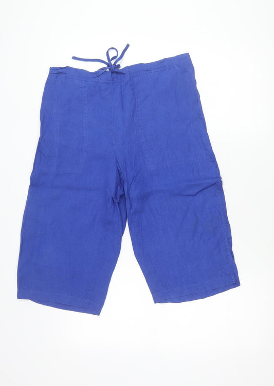 Jaeger Womens Blue Linen Culotte Shorts Size 12 Relaxed Summer Drawstring