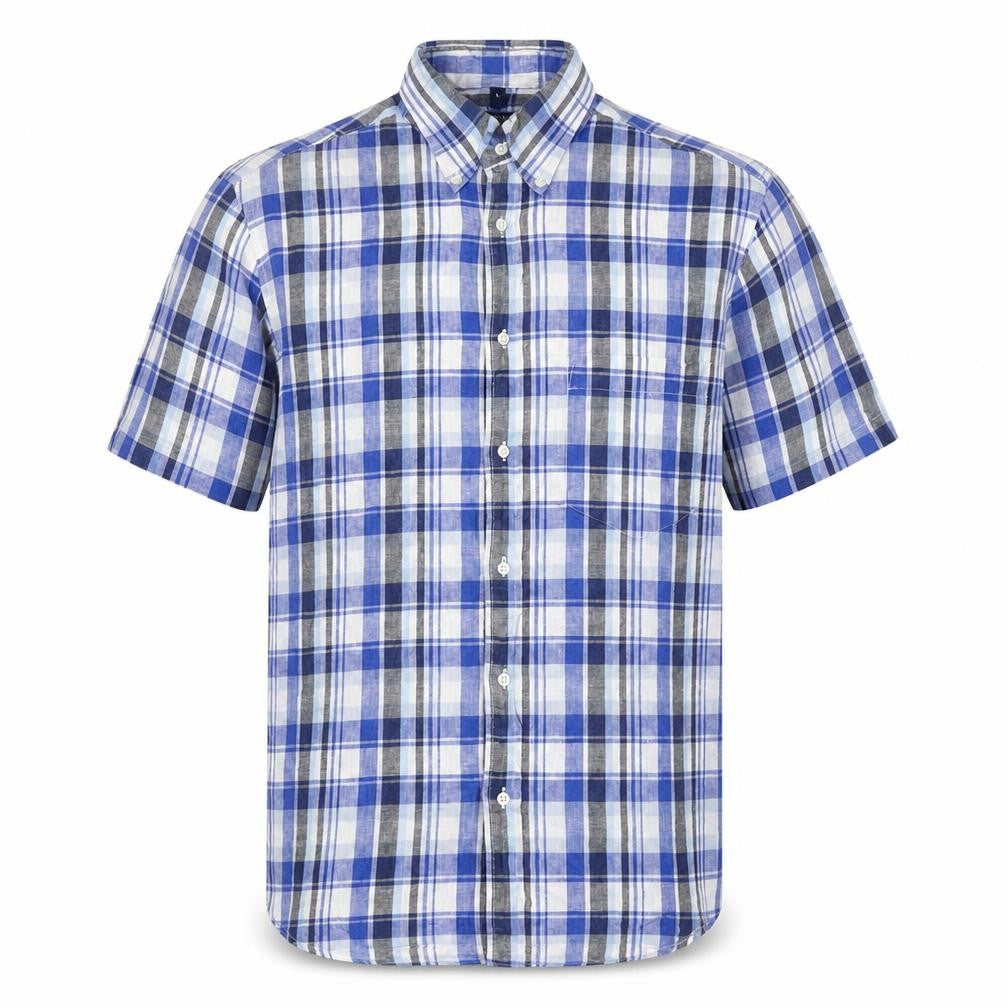 McNeal Men’s Blue Checked Linen Short Sleeve Button-Up Shirt S
