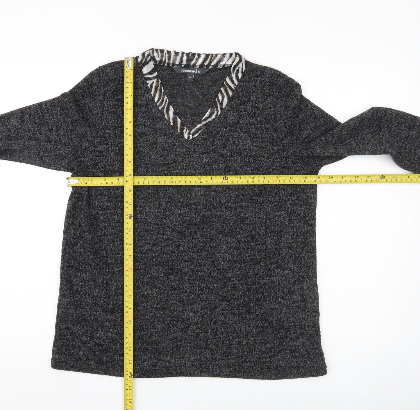 Bonmarché Womens Grey V-Neck Animal Trim Pullover Jumper Size 10