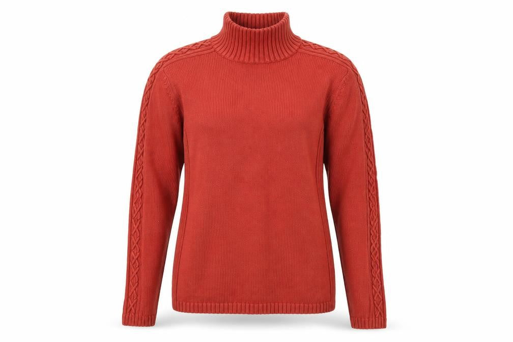 Front view of Principles women’s red mock neck cotton jumper, size UK 14