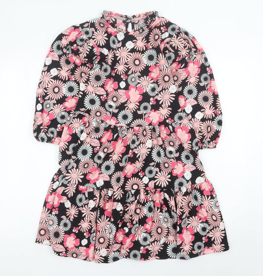 Next Girls Black Pink Floral Skater Dress 12 Years Puff Sleeve Knee Length