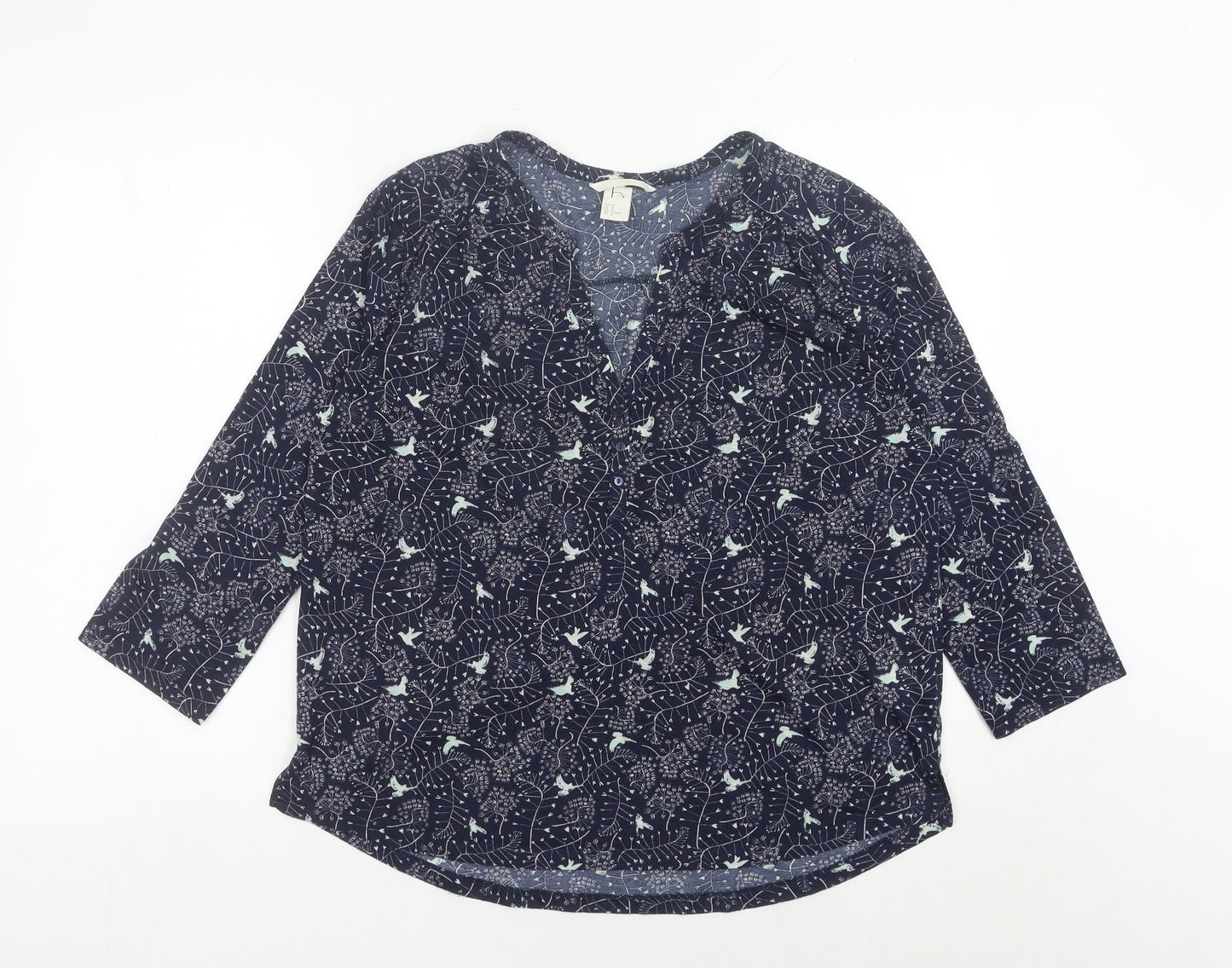 H&M Womens Blue Bird Print Tunic Blouse Size 12 V-Neck 3/4 Sleeve