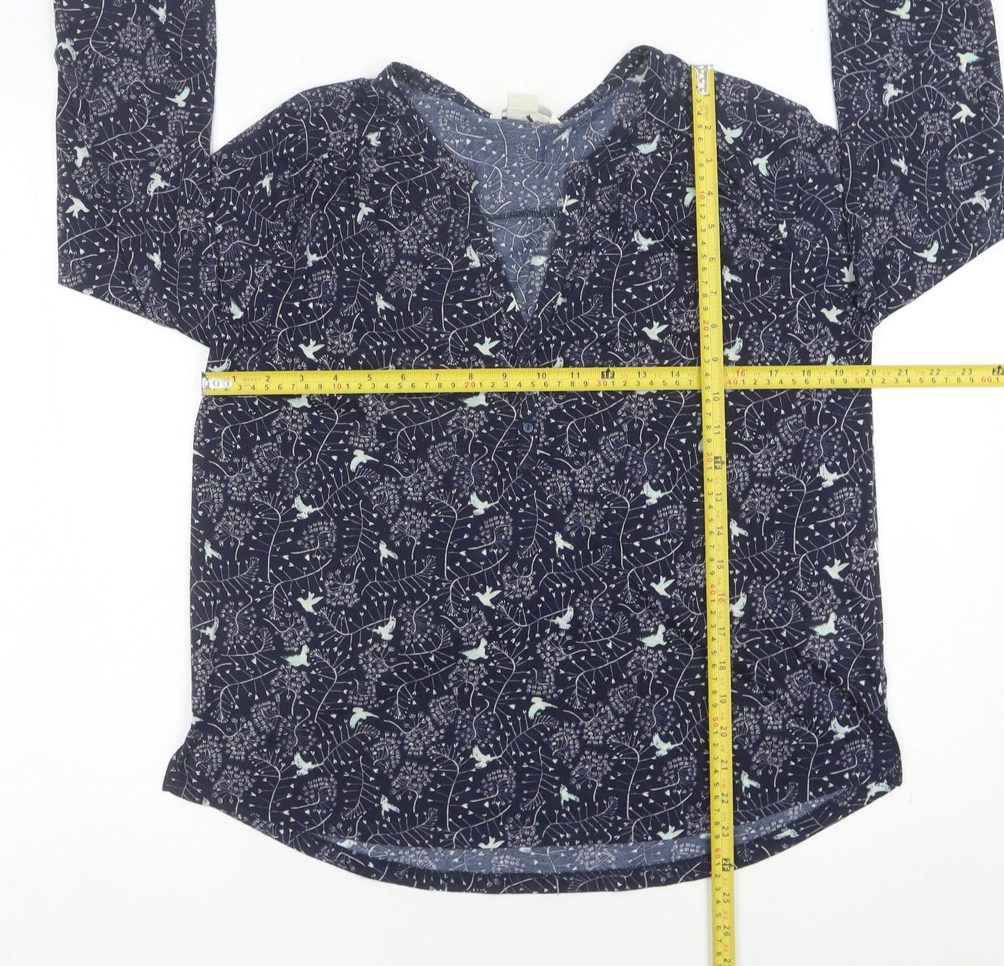 H&M Womens Blue Bird Print Tunic Blouse Size 12 V-Neck 3/4 Sleeve