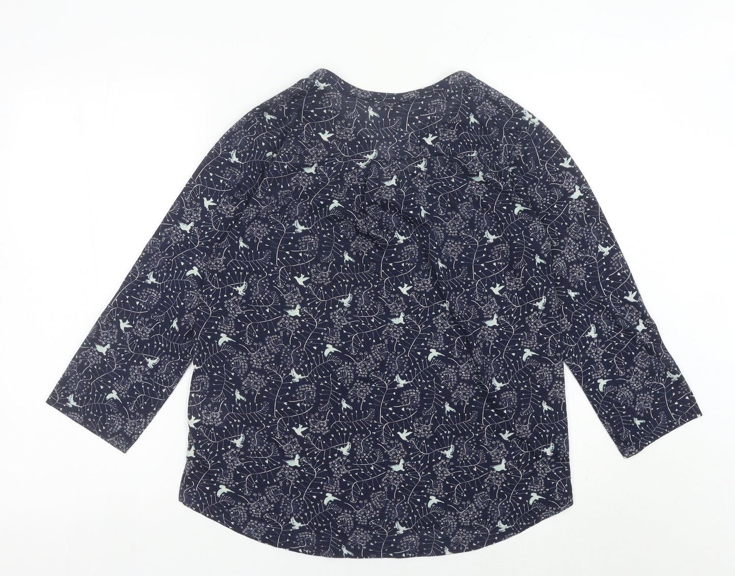 H&M Womens Blue Bird Print Tunic Blouse Size 12 V-Neck 3/4 Sleeve