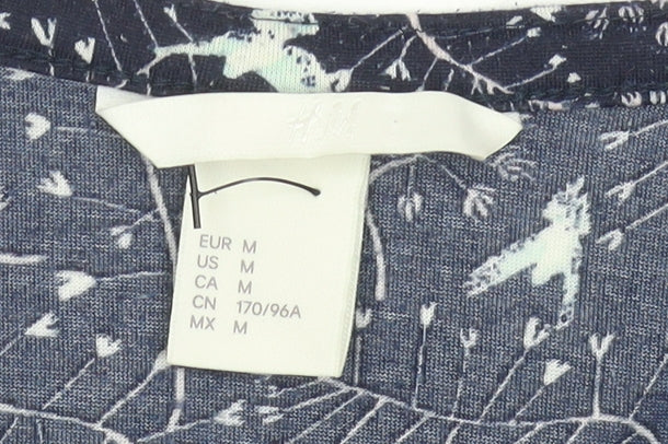 H&M Womens Blue Bird Print Tunic Blouse Size 12 V-Neck 3/4 Sleeve