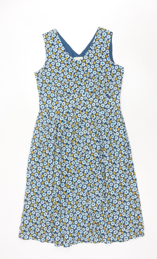 Seasalt Women Blue Floral Cotton A-Line Dress Size 12 Sleeveless