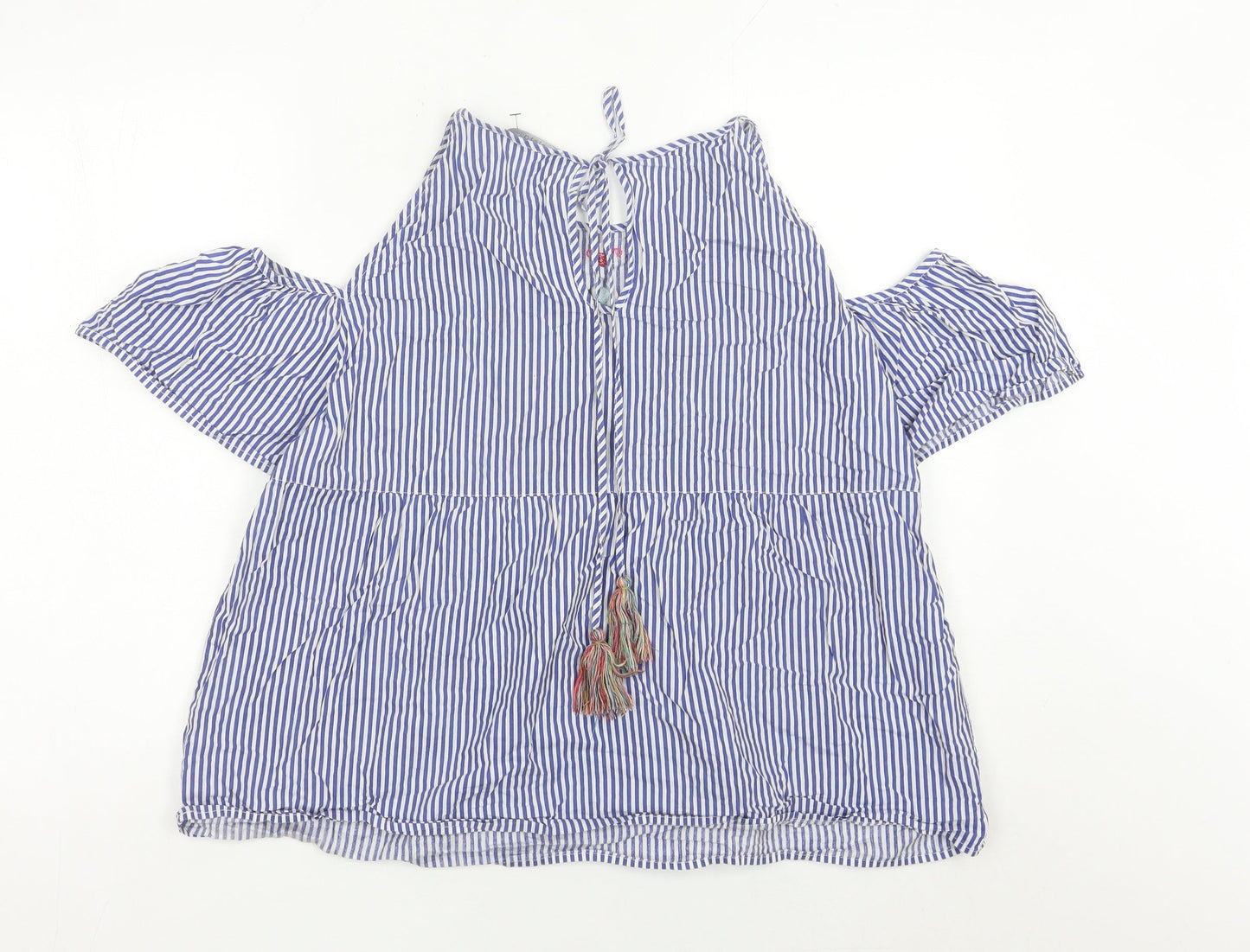 Mango Women’s Blue Embroidered Floral Stripe Blouse Size 14