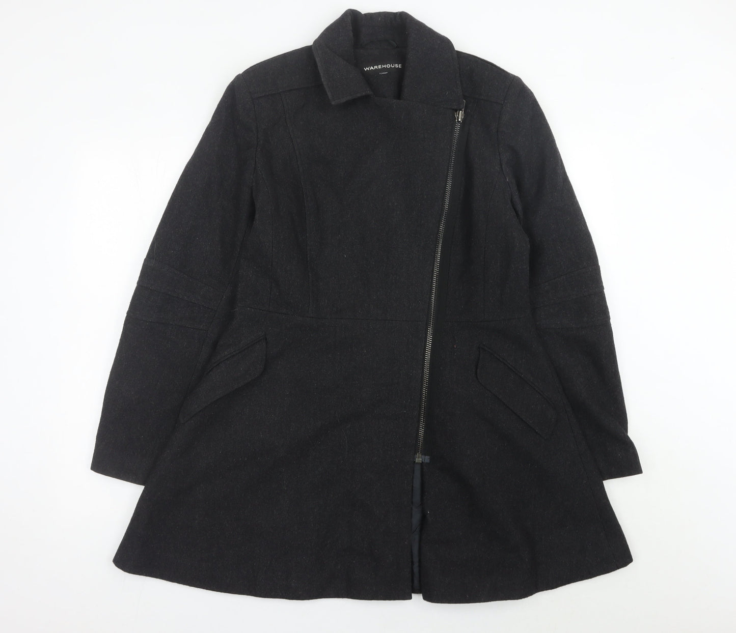 Warehouse Women’s Black Wool Blend Zip Coat Size 14 Mid-Length
