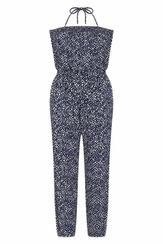 Oasis Women’s Blue Polka Dot Strapless Jersey Jumpsuit Size S