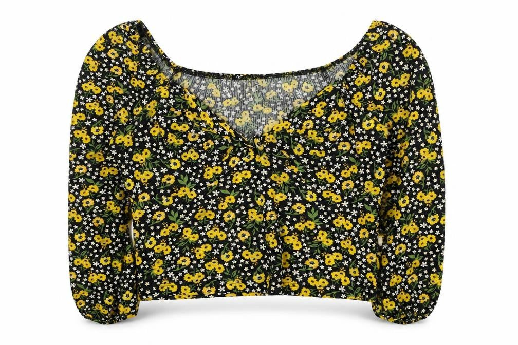 River Island Womens Floral Blouse Size 12 Black Yellow Long Sleeve Cropped