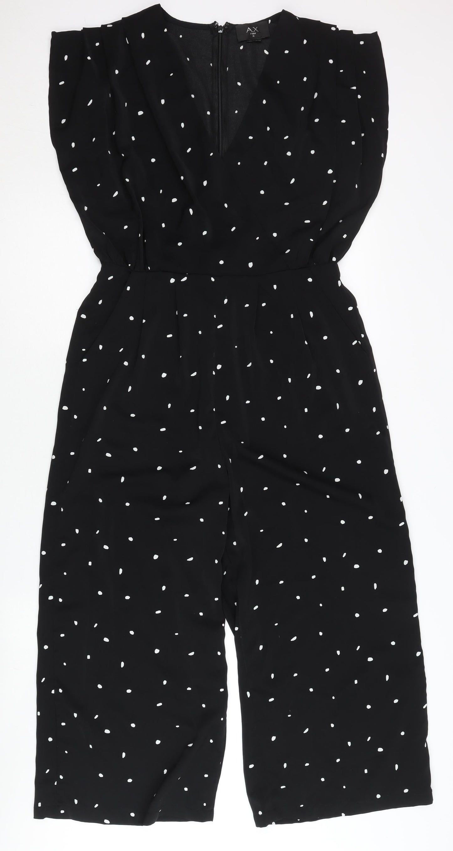 AX Paris Women’s Black Polka Dot Wide Leg V-Neck Jumpsuit Size 12