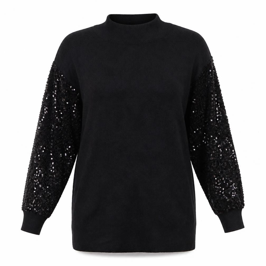 OUIZ Womens Black Sequin Sleeve Mock Neck Pullover Jumper Size S