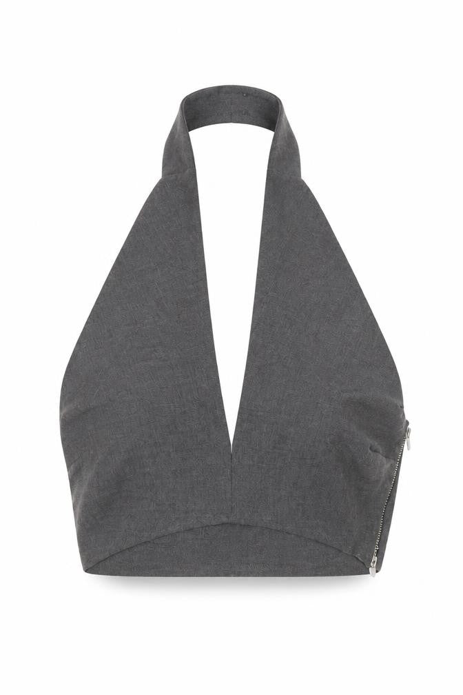 PULL&BEAR Womens Grey Halter Crop Top Size 12 Slim Fit Zip