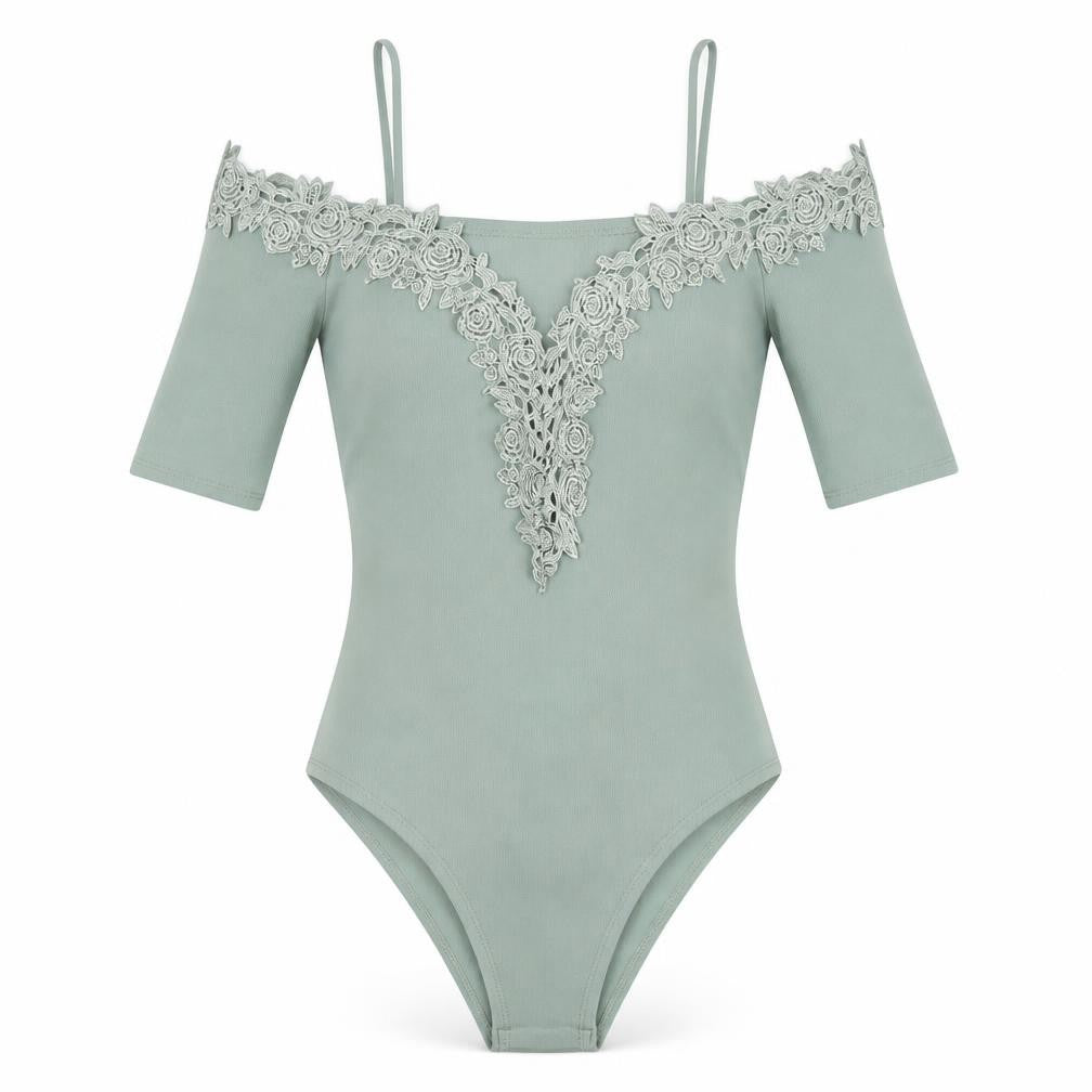 Topshop Women Green Lace Off Shoulder Bodysuit UK 4 Slim Fit