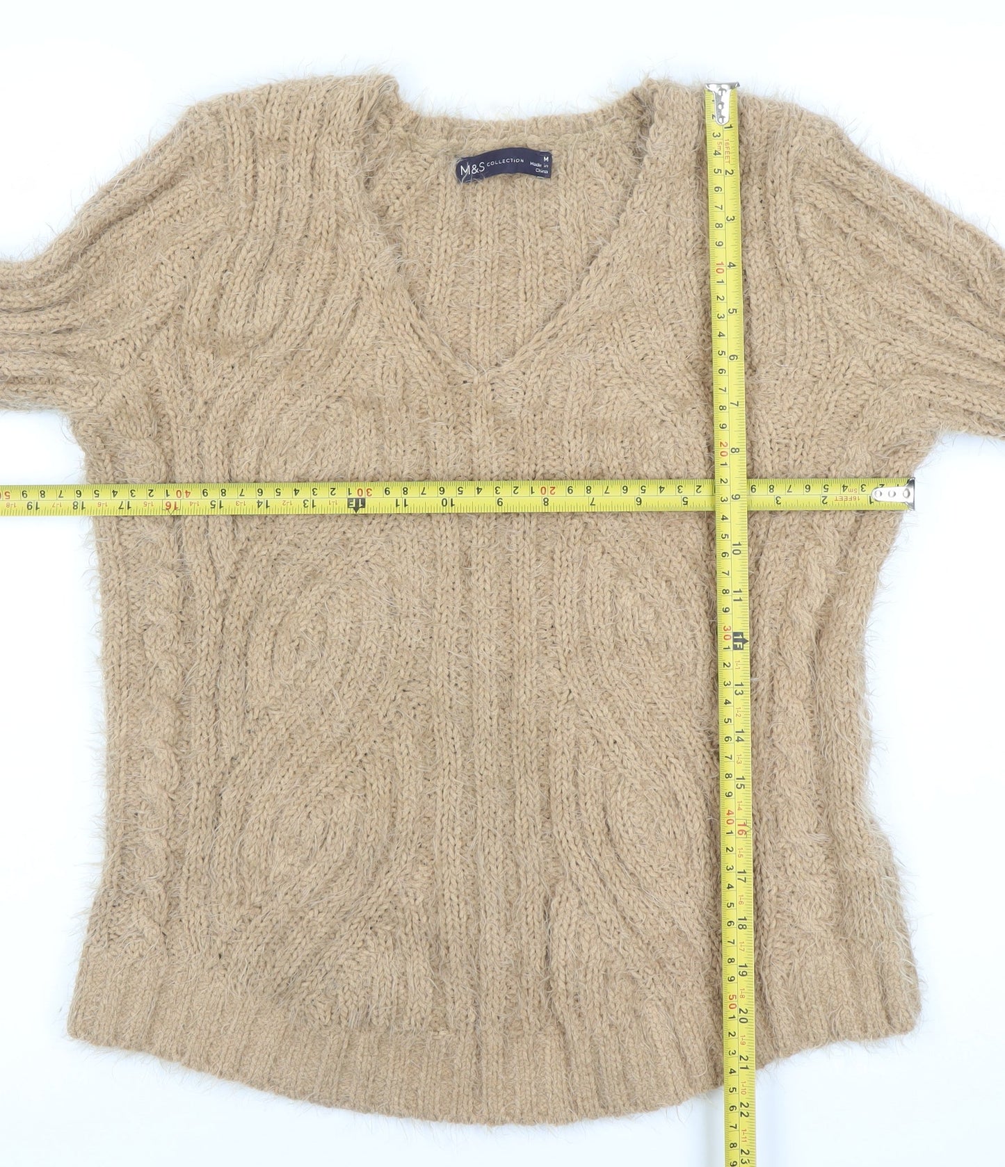 Marks and Spencer Women’s Beige V-Neck Cable Knit Jumper M