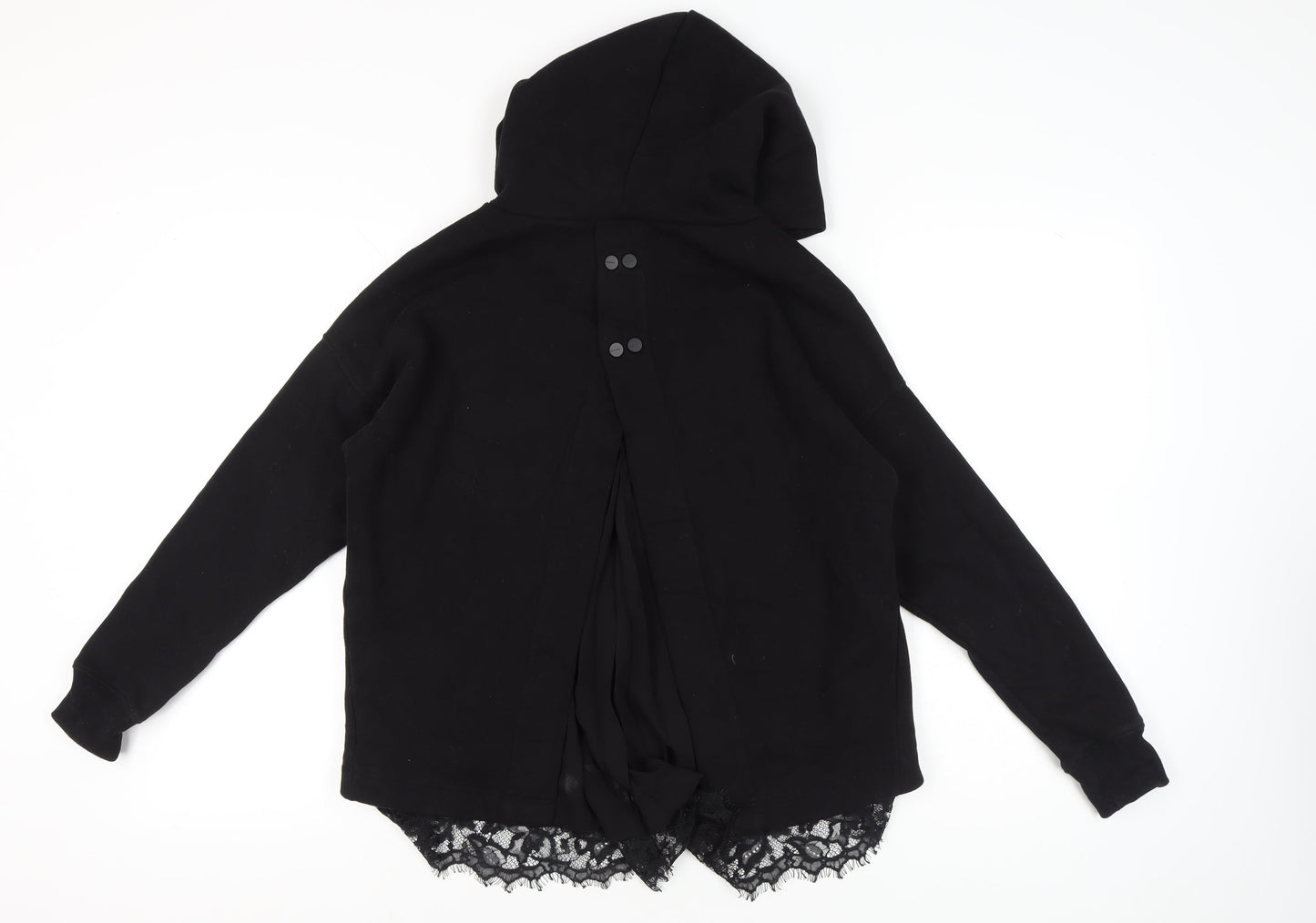 AllSaints Womens Black XS Hoodie Lace Hem Lee Hoody Pullover Cotton Blend