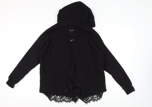 AllSaints Womens Black XS Hoodie Lace Hem Lee Hoody Pullover Cotton Blend