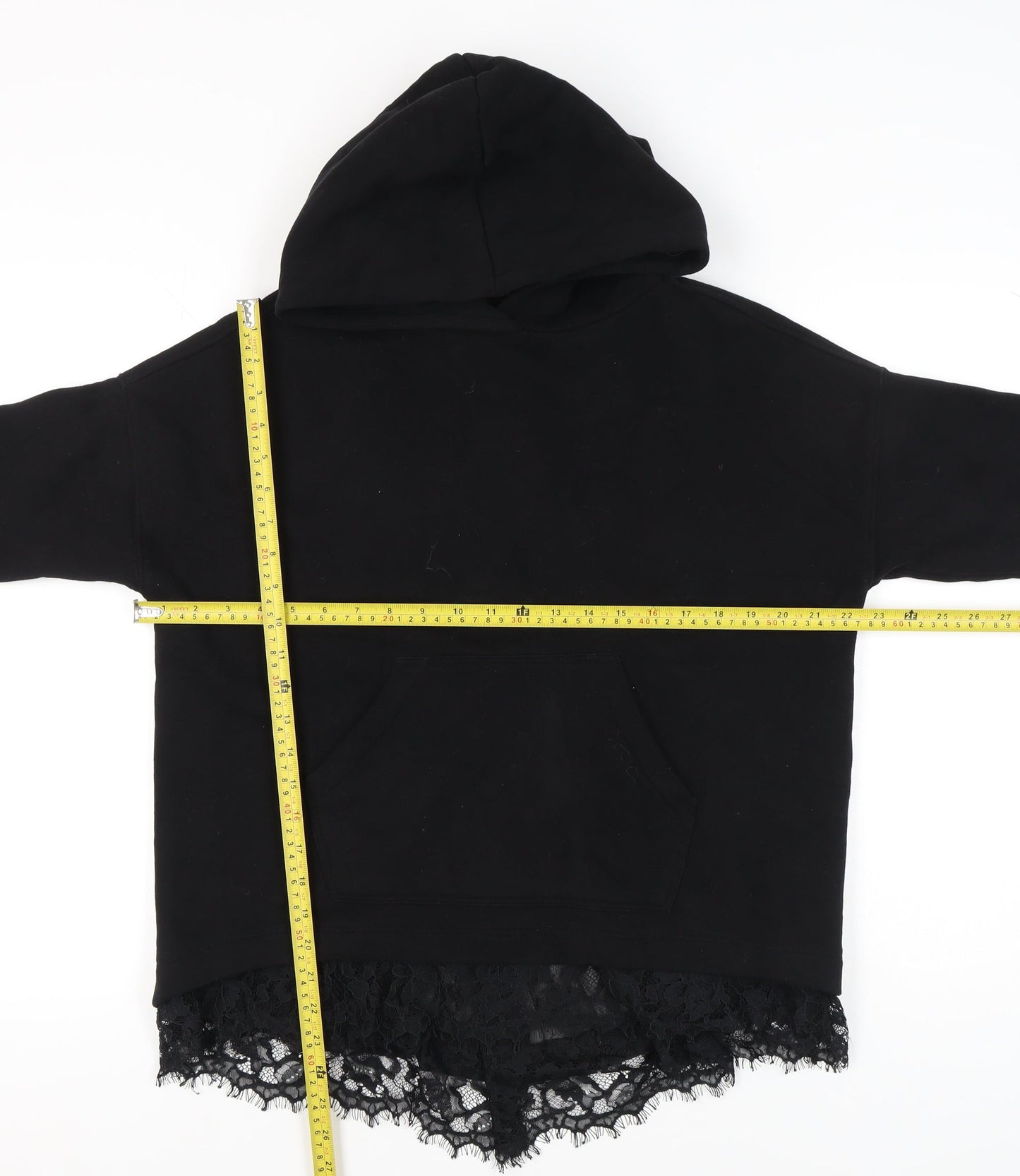 AllSaints Womens Black XS Hoodie Lace Hem Lee Hoody Pullover Cotton Blend