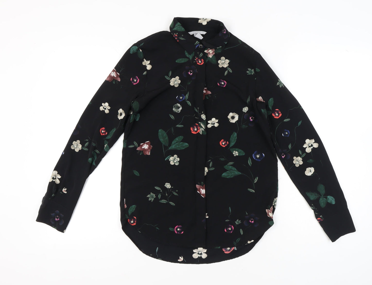H&M Womens Black Floral Blouse Size 6 Long Sleeve Collared Workwear