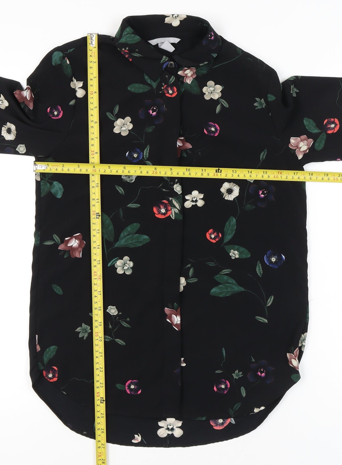 H&M Womens Black Floral Blouse Size 6 Long Sleeve Collared Workwear