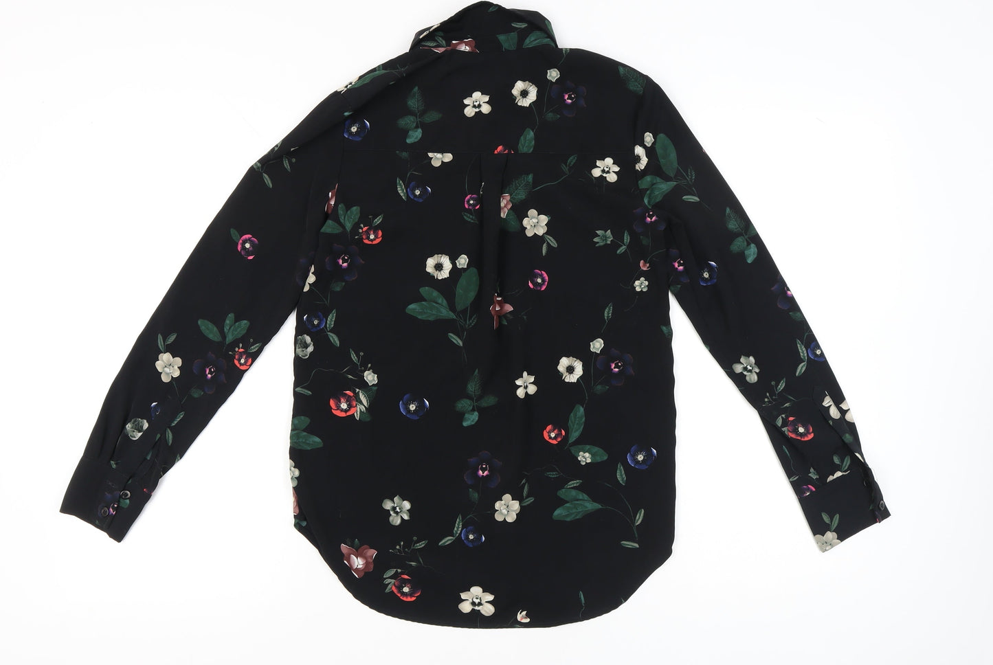 H&M Womens Black Floral Blouse Size 6 Long Sleeve Collared Workwear