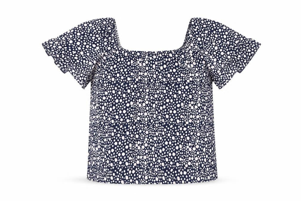 Front view of M&Co girls’ blue floral cropped blouse 15 years short sleeve summer top