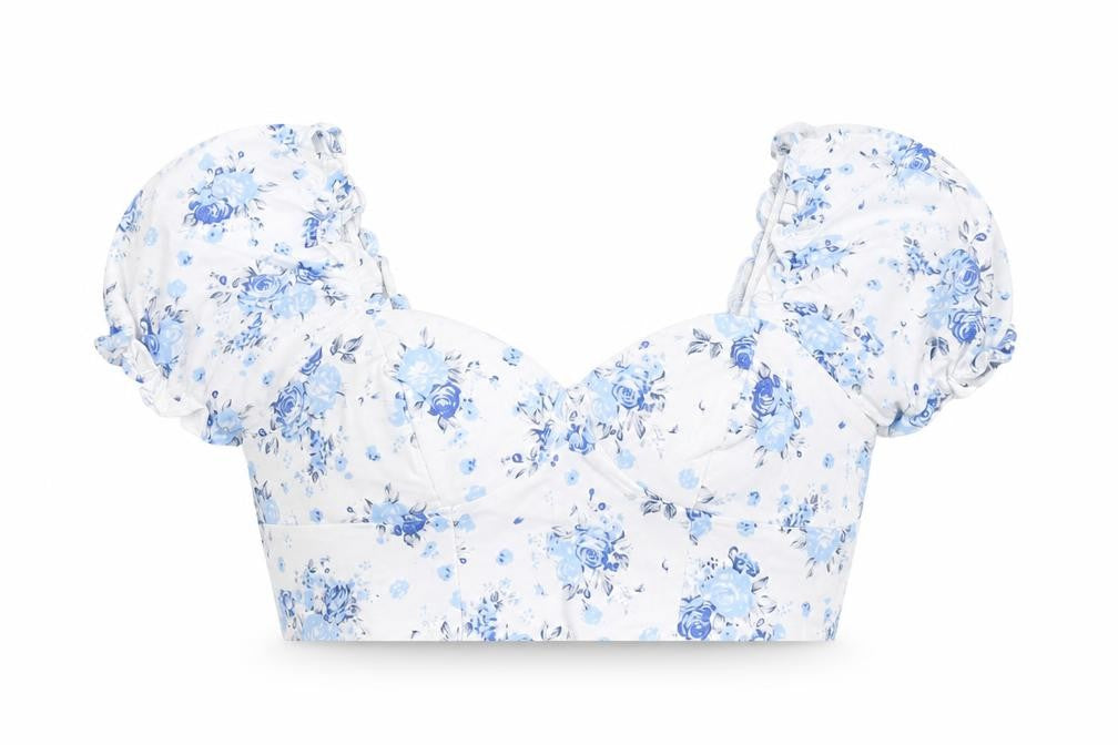 New Look Womens White Floral Cropped Blouse UK 14 Puff Sleeve