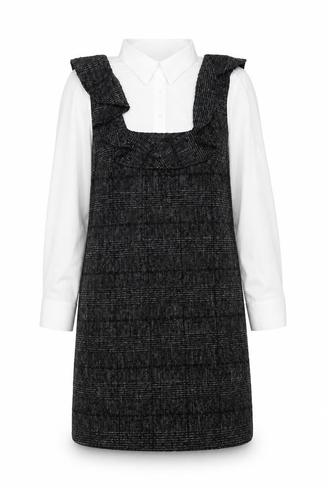 Zara Women Black Check Ruffle Pinafore Dress Size 8 Workwear