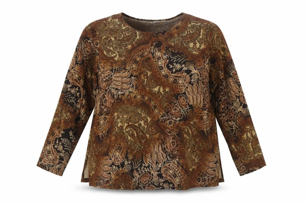 Calypso Womens Brown Paisley Tunic Blouse XL Long Sleeve Casual